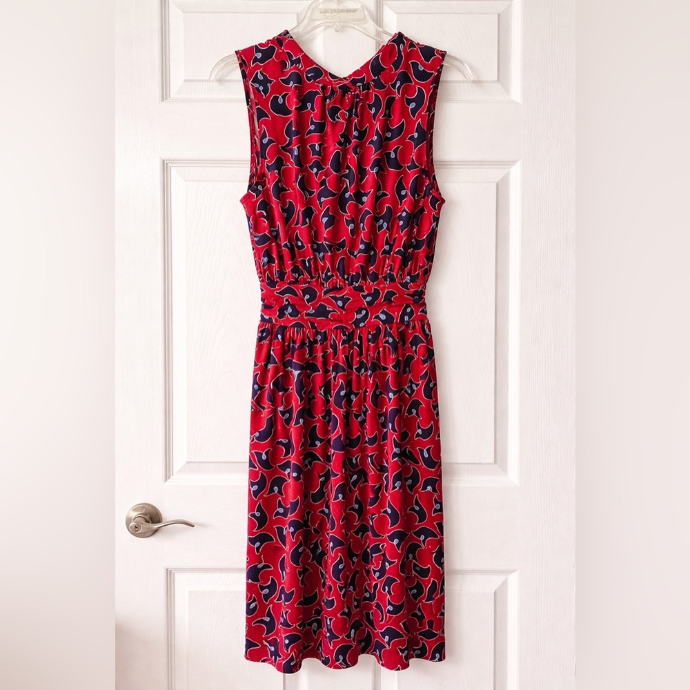Leota Red Midi Dress with Navy Abstract Print